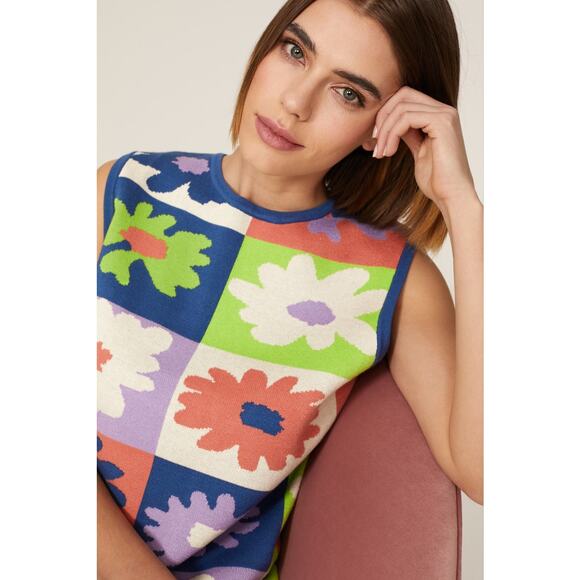 Louna Knit Shift Mini Dress Crew Neck Sleeveless Blue Printed Floral Multi SZ XS - Picture 3 of 11